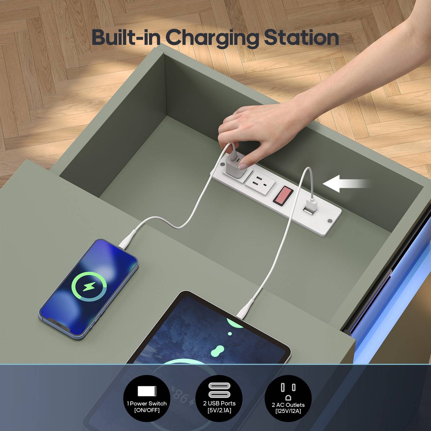 ADORNEVE Nightstand with Charging Station and LED Lights for Bedroom Bedside Table with Sliding Top and Drawers