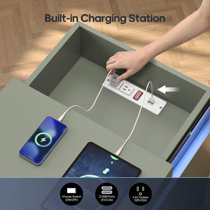 ADORNEVE Nightstand with Charging Station and LED Lights for Bedroom Bedside Table with Sliding Top and Drawers
