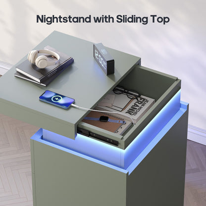 ADORNEVE Nightstand with Charging Station and LED Lights for Bedroom Bedside Table with Sliding Top and Drawers