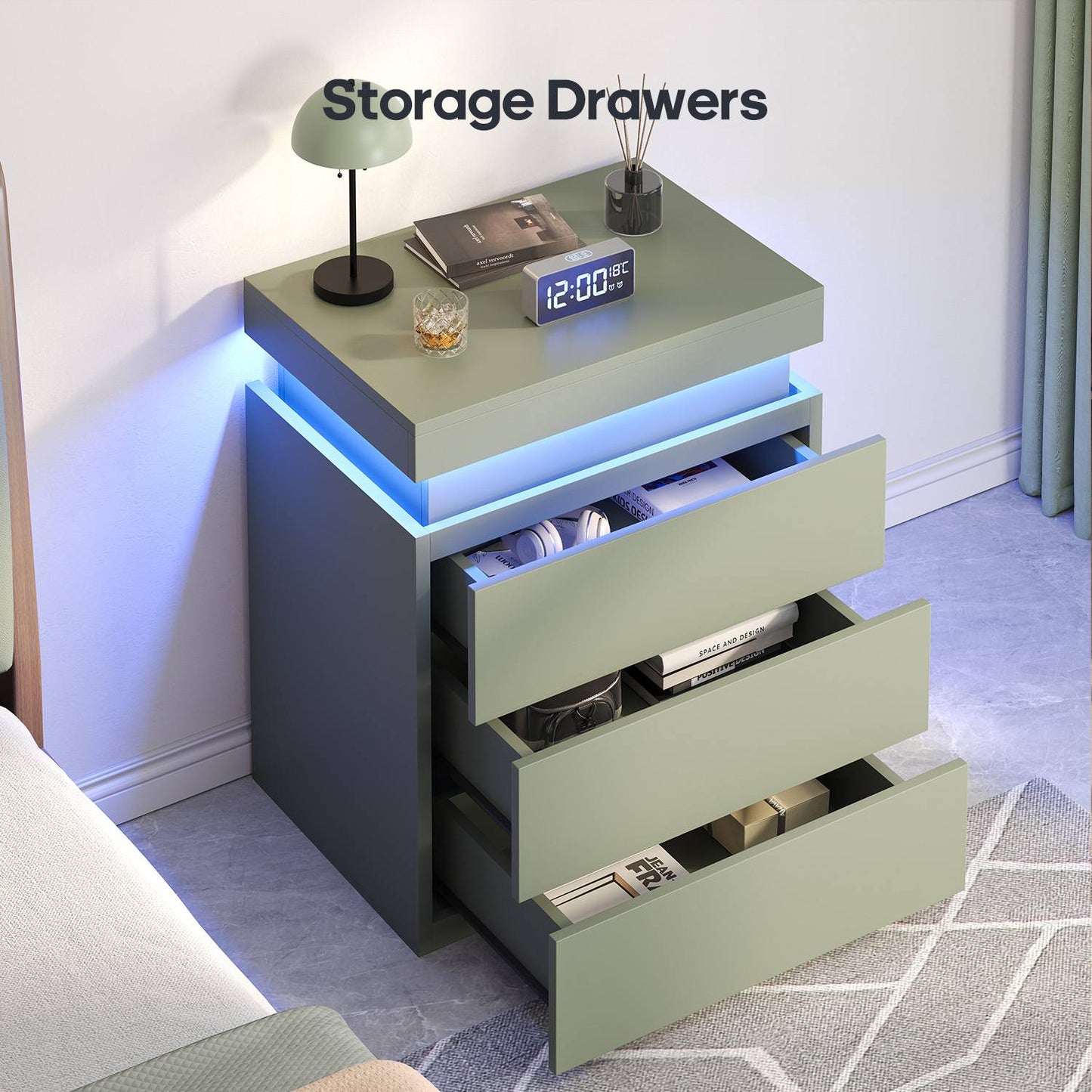 ADORNEVE Nightstand with Charging Station and LED Lights for Bedroom Bedside Table with Sliding Top and Drawers