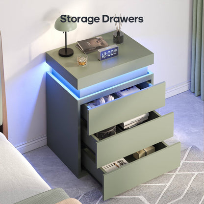 ADORNEVE Nightstand with Charging Station and LED Lights for Bedroom Bedside Table with Sliding Top and Drawers