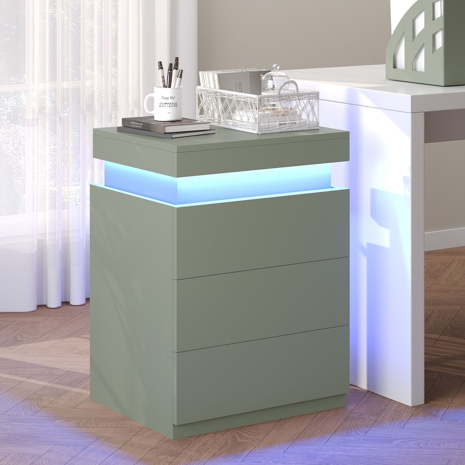 ADORNEVE Nightstand with Charging Station and LED Lights for Bedroom B