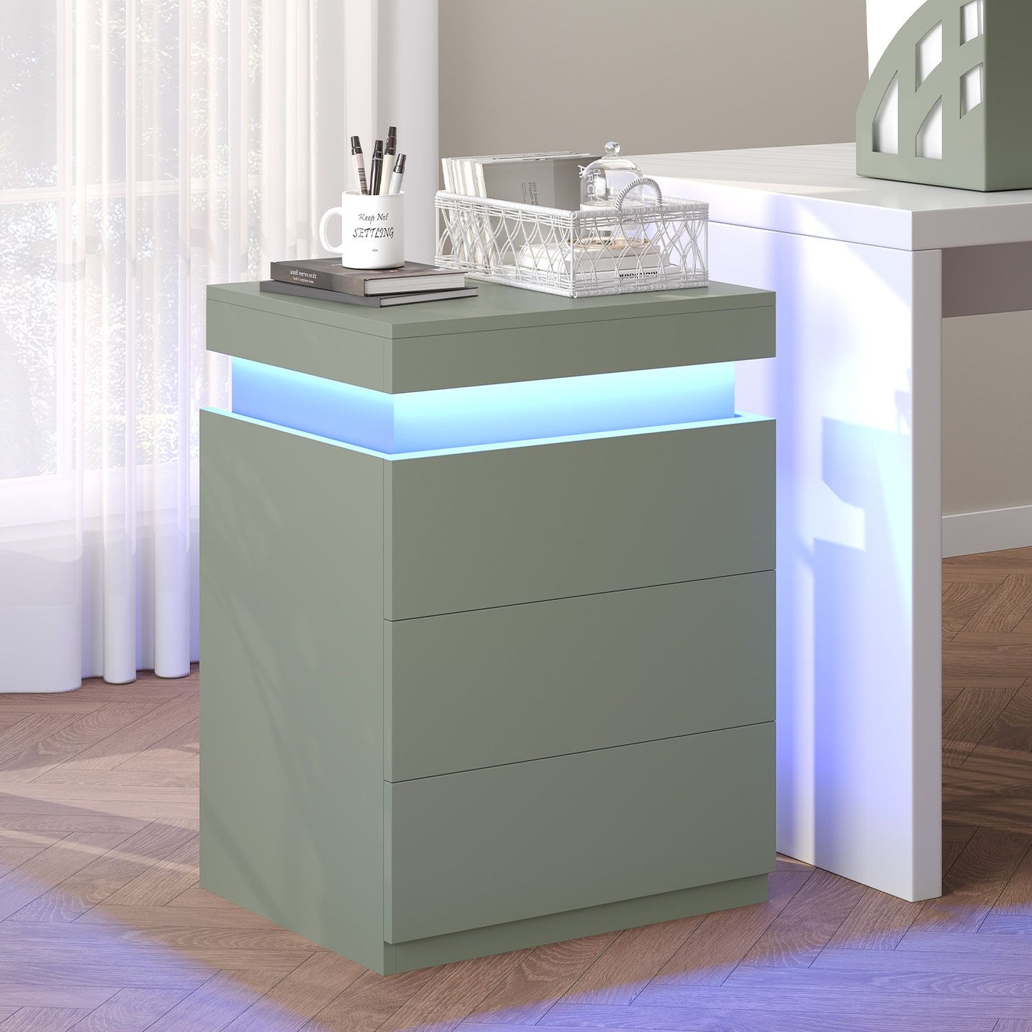 ADORNEVE Nightstand with Charging Station and LED Lights for Bedroom Bedside Table with Sliding Top and Drawers