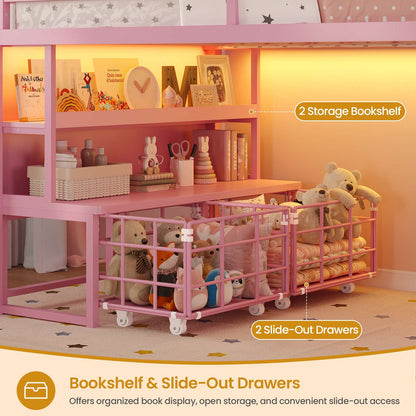 ADORNEVE Loft Bed Twin Size with 5 Storage Drawers and Bookcase LED Metal Loft Bed with Open Storage Shelves and Safety Guardrail Under-Bed Play Space