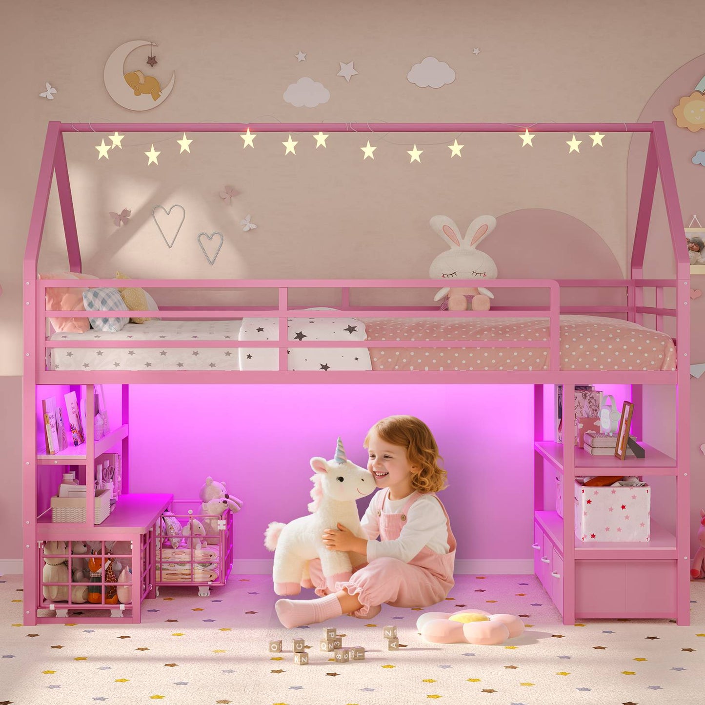 ADORNEVE Loft Bed Twin Size with 5 Storage Drawers and Bookcase LED Metal Loft Bed with Open Storage Shelves and Safety Guardrail Under-Bed Play Space