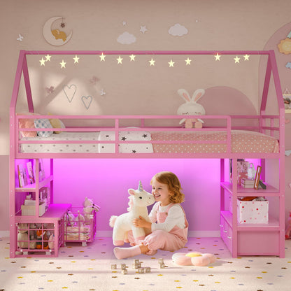 ADORNEVE Loft Bed Twin Size with 5 Storage Drawers and Bookcase LED Metal Loft Bed with Open Storage Shelves and Safety Guardrail Under-Bed Play Space