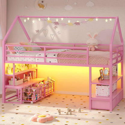 ADORNEVE Loft Bed Twin Size with 5 Storage Drawers and Bookcase LED Metal Loft Bed with Open Storage Shelves and Safety Guardrail Under-Bed Play Space