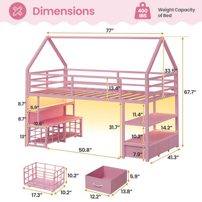 ADORNEVE Loft Bed Twin Size with 5 Storage Drawers and Bookcase LED Metal Loft Bed with Open Storage Shelves and Safety Guardrail Under-Bed Play Space