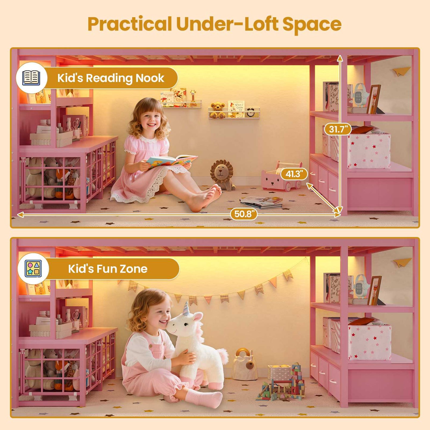 ADORNEVE Loft Bed Twin Size with 5 Storage Drawers and Bookcase LED Metal Loft Bed with Open Storage Shelves and Safety Guardrail Under-Bed Play Space