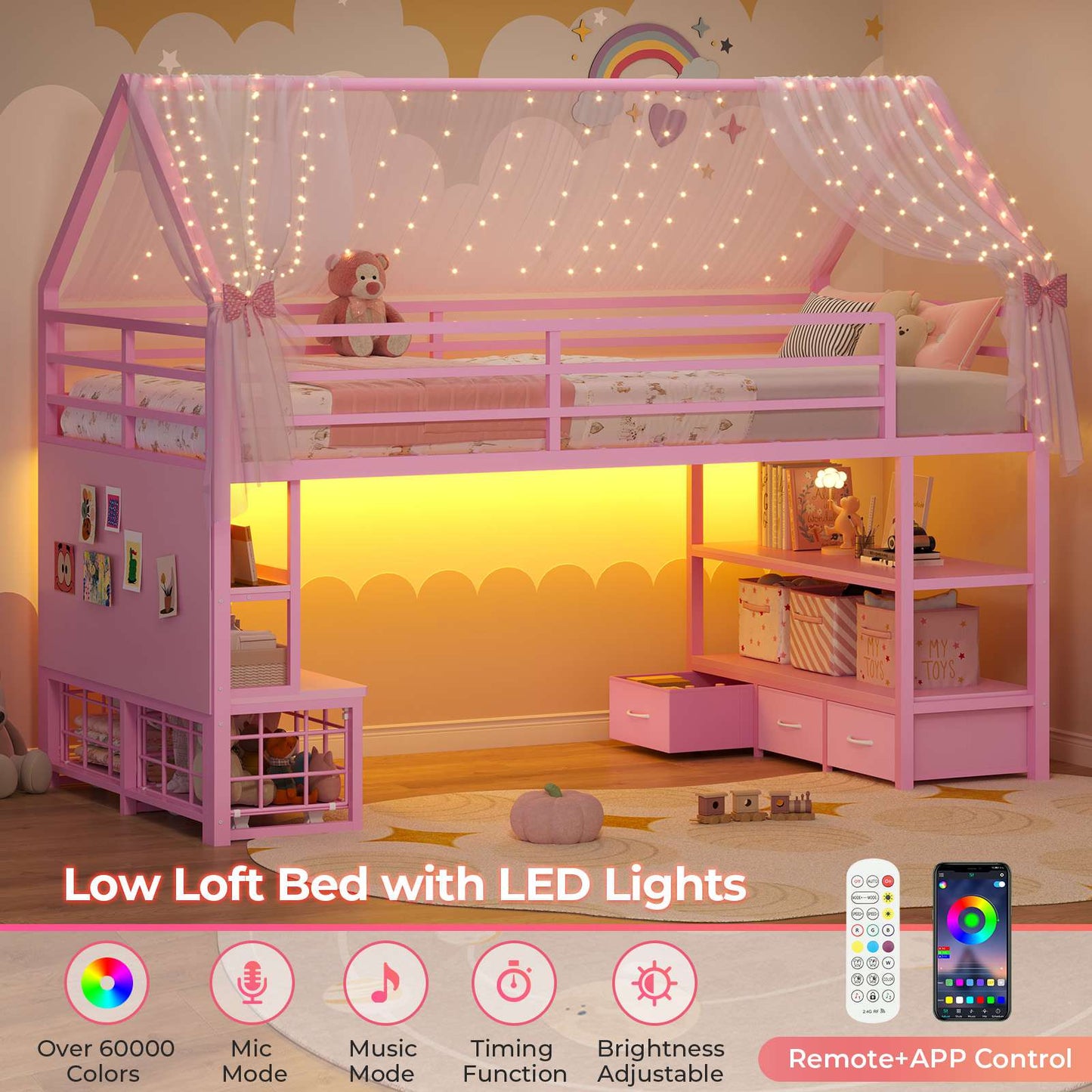 ADORNEVE Loft Bed Twin Size with 5 Storage Drawers and Bookcase LED Metal Loft Bed with Open Storage Shelves and Safety Guardrail Under-Bed Play Space