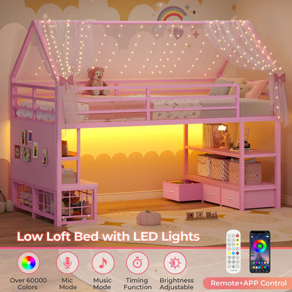 ADORNEVE Loft Bed Twin Size with 5 Storage Drawers and Bookcase LED Metal Loft Bed with Open Storage Shelves and Safety Guardrail Under-Bed Play Space