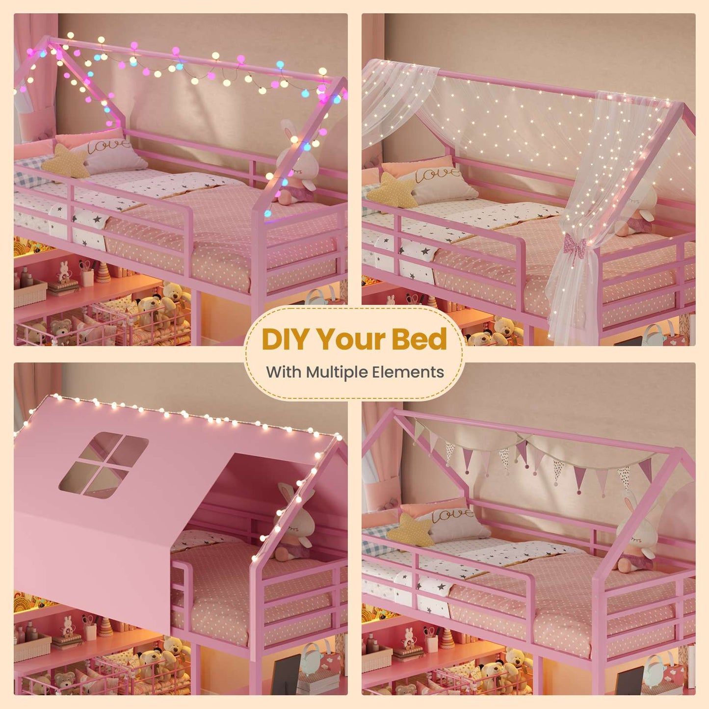 ADORNEVE Loft Bed Twin Size with 5 Storage Drawers and Bookcase LED Metal Loft Bed with Open Storage Shelves and Safety Guardrail Under-Bed Play Space