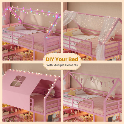 ADORNEVE Loft Bed Twin Size with 5 Storage Drawers and Bookcase LED Metal Loft Bed with Open Storage Shelves and Safety Guardrail Under-Bed Play Space