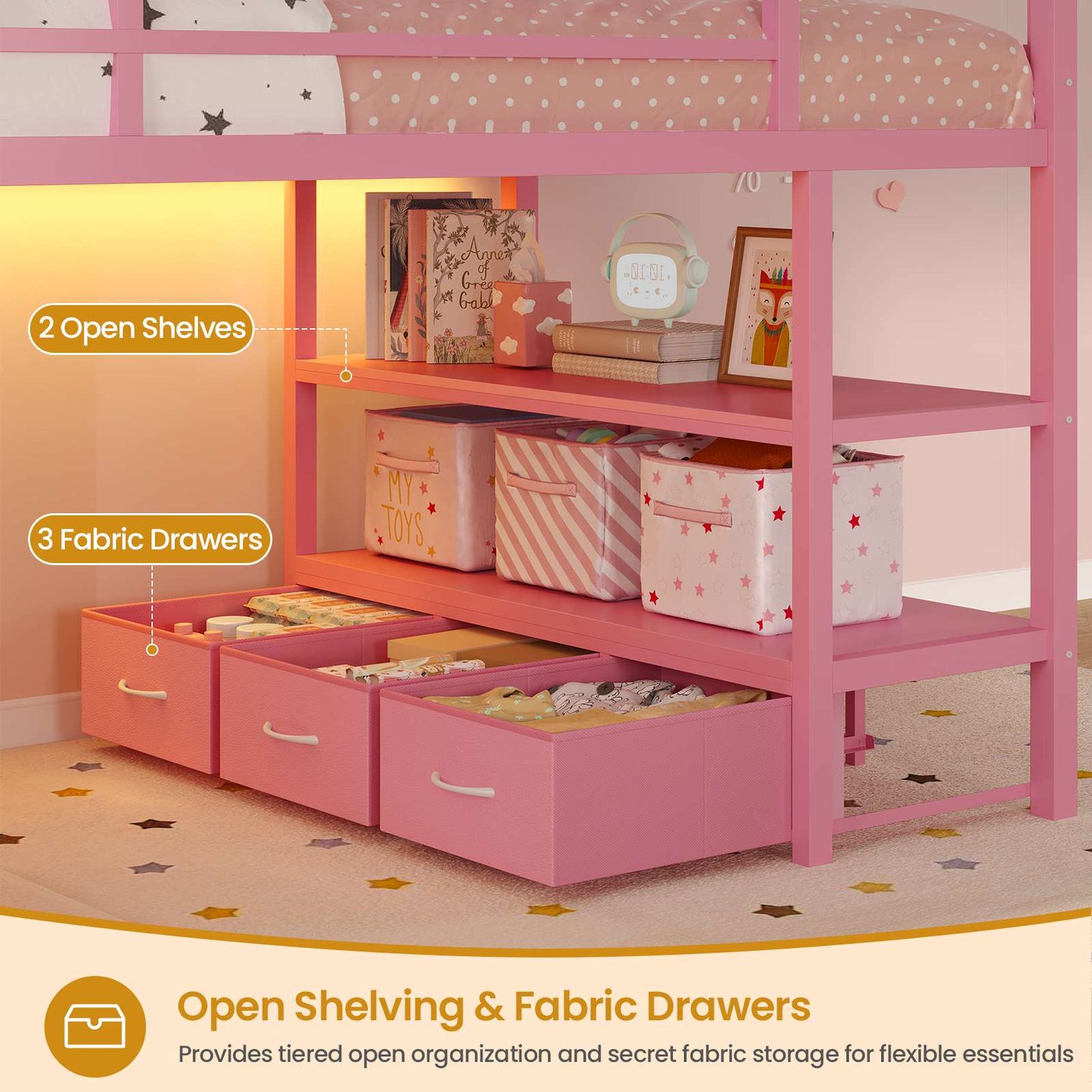 ADORNEVE Loft Bed Twin Size with 5 Storage Drawers and Bookcase LED Metal Loft Bed with Open Storage Shelves and Safety Guardrail Under-Bed Play Space