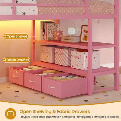 ADORNEVE Loft Bed Twin Size with 5 Storage Drawers and Bookcase LED Metal Loft Bed with Open Storage Shelves and Safety Guardrail Under-Bed Play Space