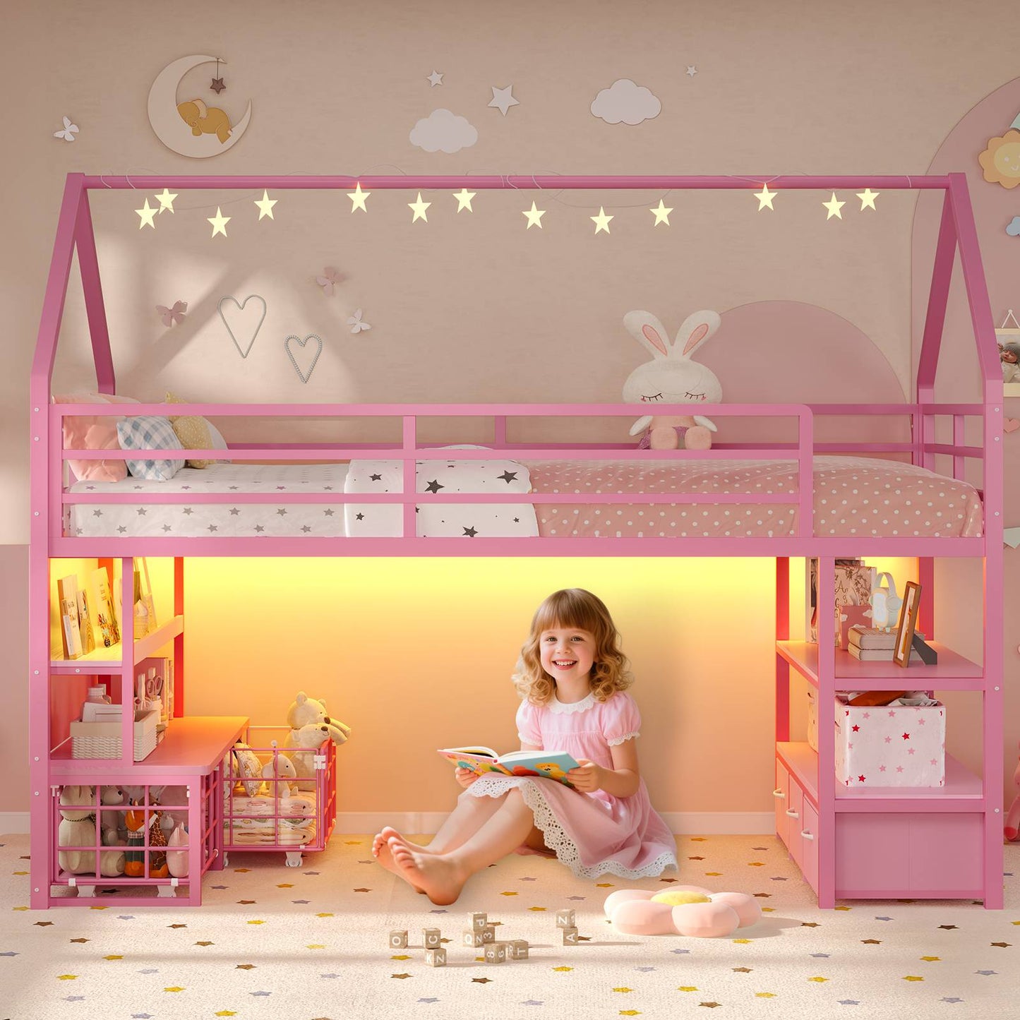 ADORNEVE Loft Bed Twin Size with 5 Storage Drawers and Bookcase LED Metal Loft Bed with Open Storage Shelves and Safety Guardrail Under-Bed Play Space