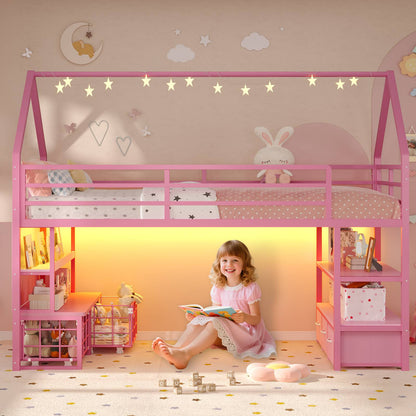 ADORNEVE Loft Bed Twin Size with 5 Storage Drawers and Bookcase LED Metal Loft Bed with Open Storage Shelves and Safety Guardrail Under-Bed Play Space
