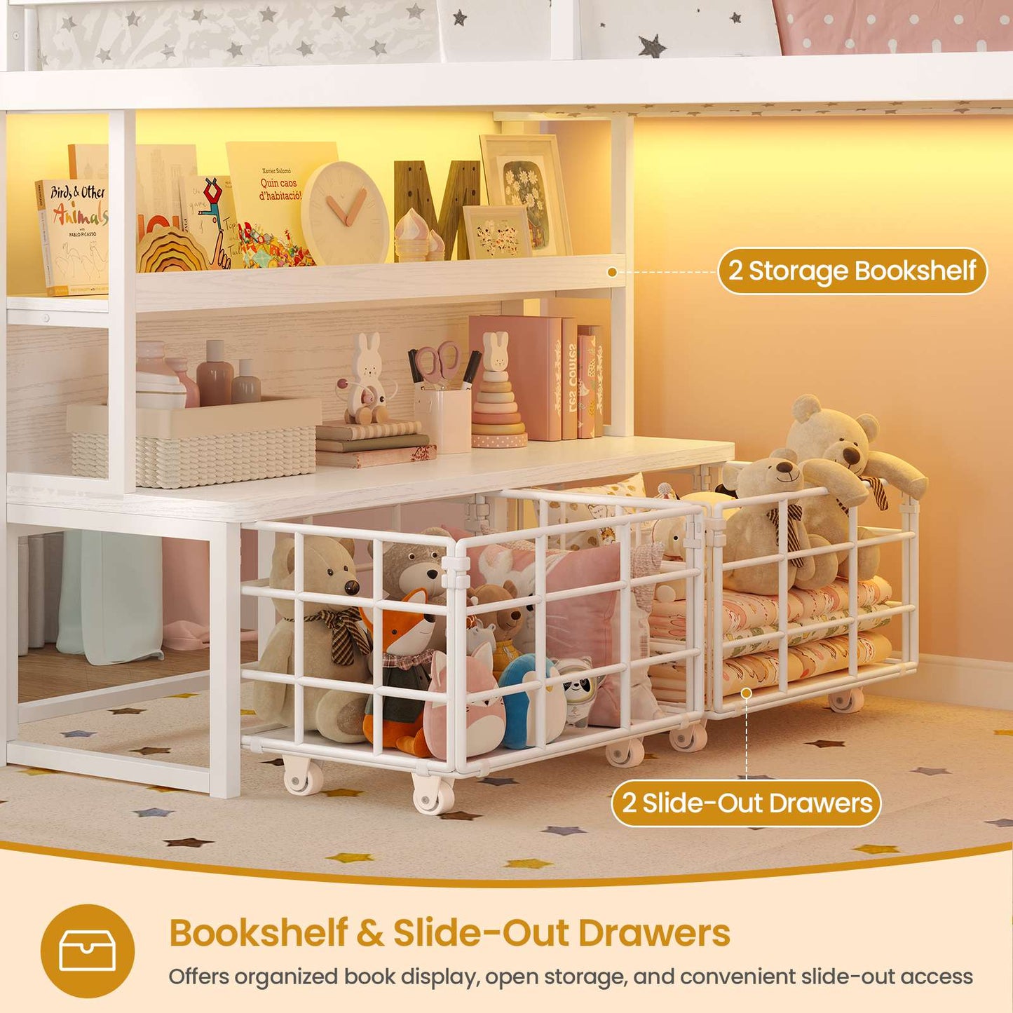 ADORNEVE Loft Bed Twin Size with 5 Storage Drawers and Bookcase LED Metal Loft Bed with Open Storage Shelves and Safety Guardrail Under-Bed Play Space