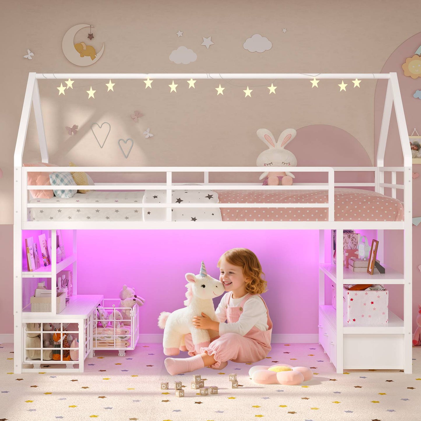 ADORNEVE Loft Bed Twin Size with 5 Storage Drawers and Bookcase LED Metal Loft Bed with Open Storage Shelves and Safety Guardrail Under-Bed Play Space