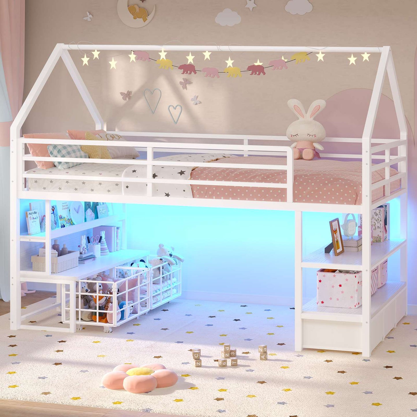 ADORNEVE Loft Bed Twin Size with 5 Storage Drawers and Bookcase LED Metal Loft Bed with Open Storage Shelves and Safety Guardrail Under-Bed Play Space