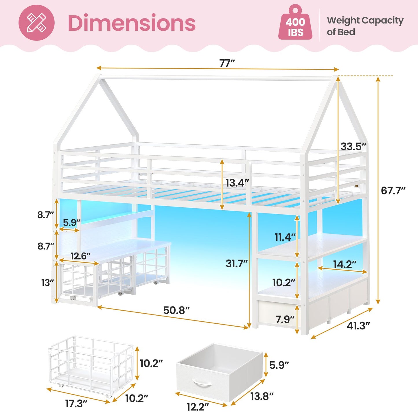 ADORNEVE Loft Bed Twin Size with 5 Storage Drawers and Bookcase LED Metal Loft Bed with Open Storage Shelves and Safety Guardrail Under-Bed Play Space