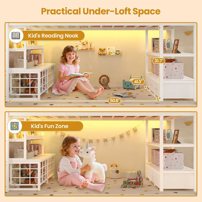 ADORNEVE Loft Bed Twin Size with 5 Storage Drawers and Bookcase LED Metal Loft Bed with Open Storage Shelves and Safety Guardrail Under-Bed Play Space