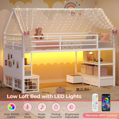 ADORNEVE Loft Bed Twin Size with 5 Storage Drawers and Bookcase LED Metal Loft Bed with Open Storage Shelves and Safety Guardrail Under-Bed Play Space
