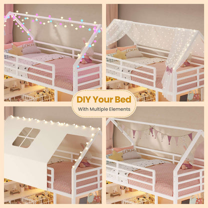ADORNEVE Loft Bed Twin Size with 5 Storage Drawers and Bookcase LED Metal Loft Bed with Open Storage Shelves and Safety Guardrail Under-Bed Play Space
