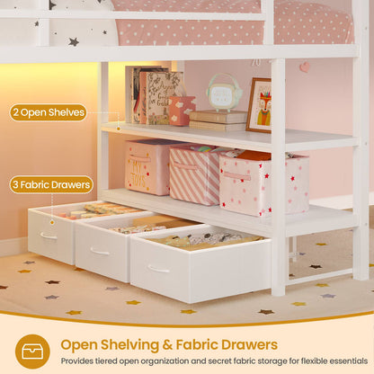 ADORNEVE Loft Bed Twin Size with 5 Storage Drawers and Bookcase LED Metal Loft Bed with Open Storage Shelves and Safety Guardrail Under-Bed Play Space