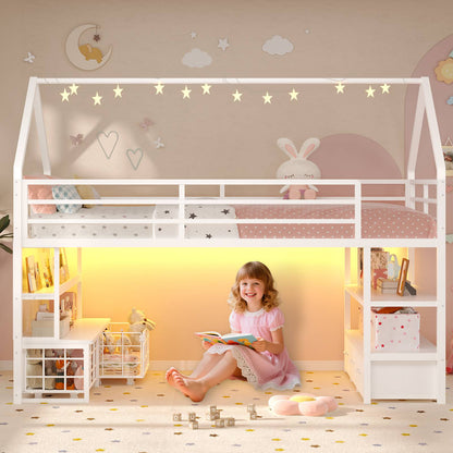 ADORNEVE Loft Bed Twin Size with 5 Storage Drawers and Bookcase LED Metal Loft Bed with Open Storage Shelves and Safety Guardrail Under-Bed Play Space