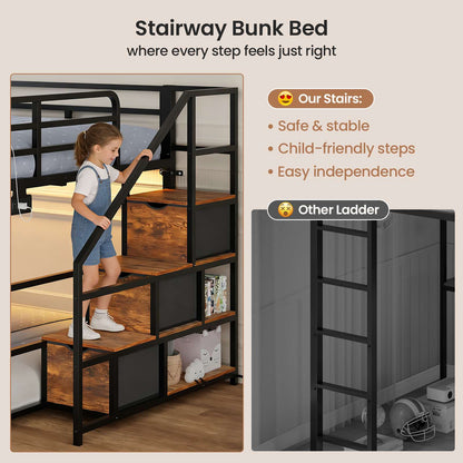 ADORNEVE Bunk Bed Full Over Full with Stairs and 3 Storage Drawers Power Outlet Metal Floor Bunk with RGB Lights and Shelves
