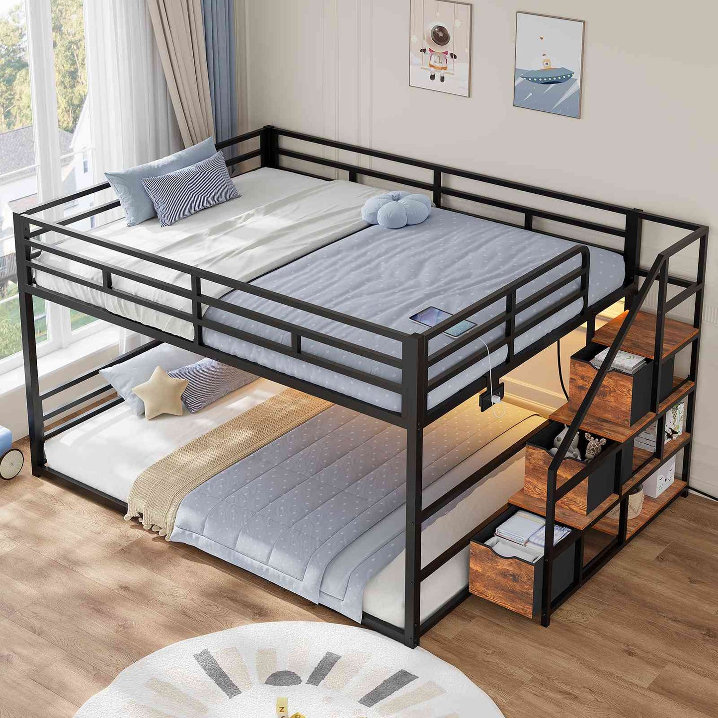 ADORNEVE Bunk Bed Full Over Full with Stairs and 3 Storage Drawers Power Outlet Metal Floor Bunk with RGB Lights and Shelves