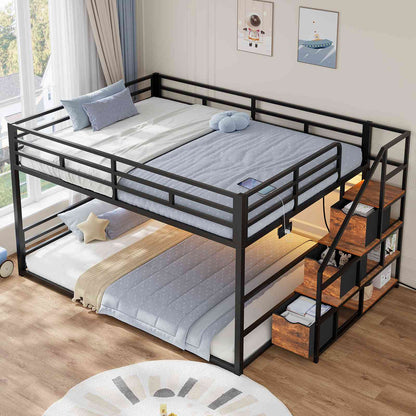 ADORNEVE Bunk Bed Full Over Full with Stairs and 3 Storage Drawers Power Outlet Metal Floor Bunk with RGB Lights and Shelves