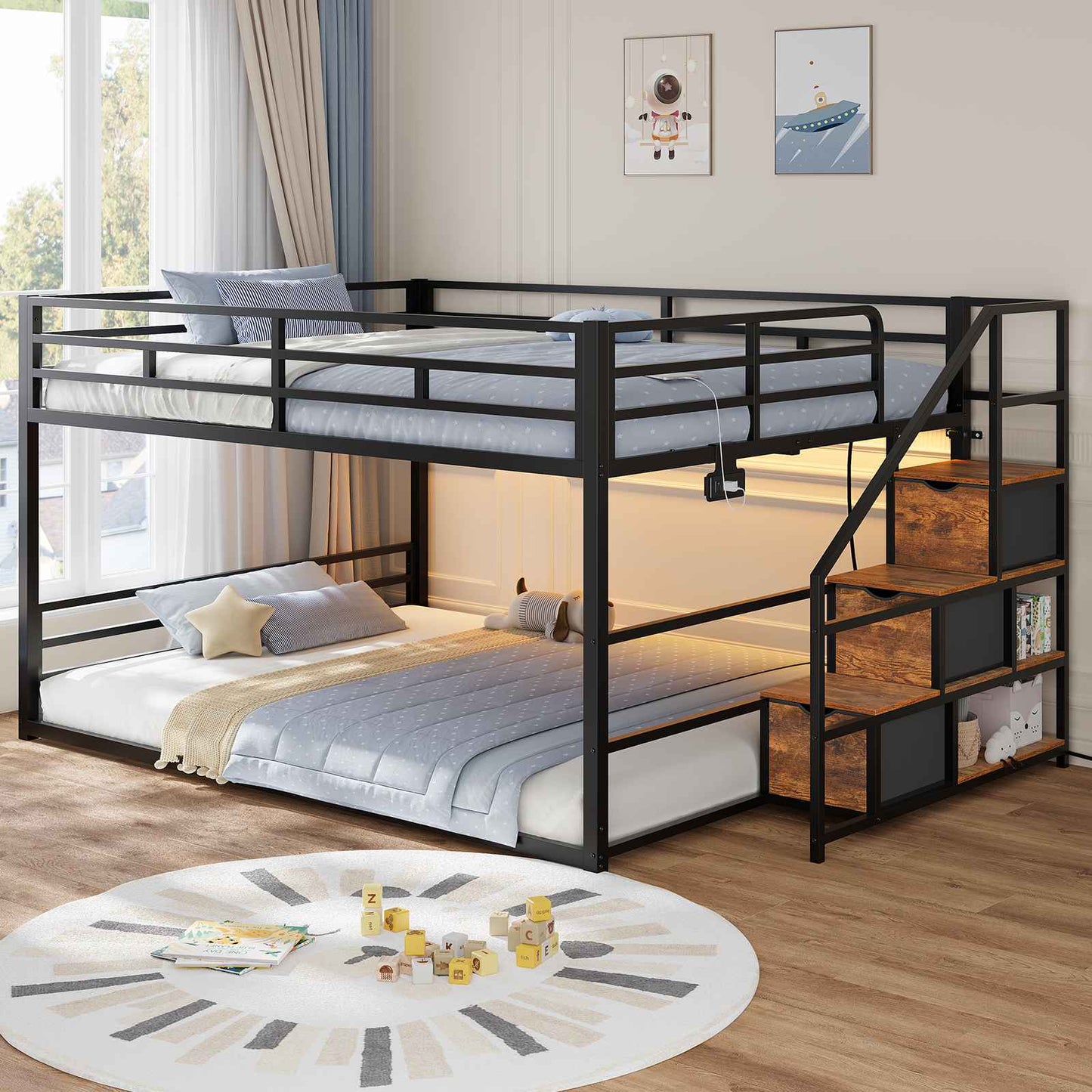 ADORNEVE Bunk Bed Full Over Full with Stairs and 3 Storage Drawers Power Outlet Metal Floor Bunk with RGB Lights and Shelves
