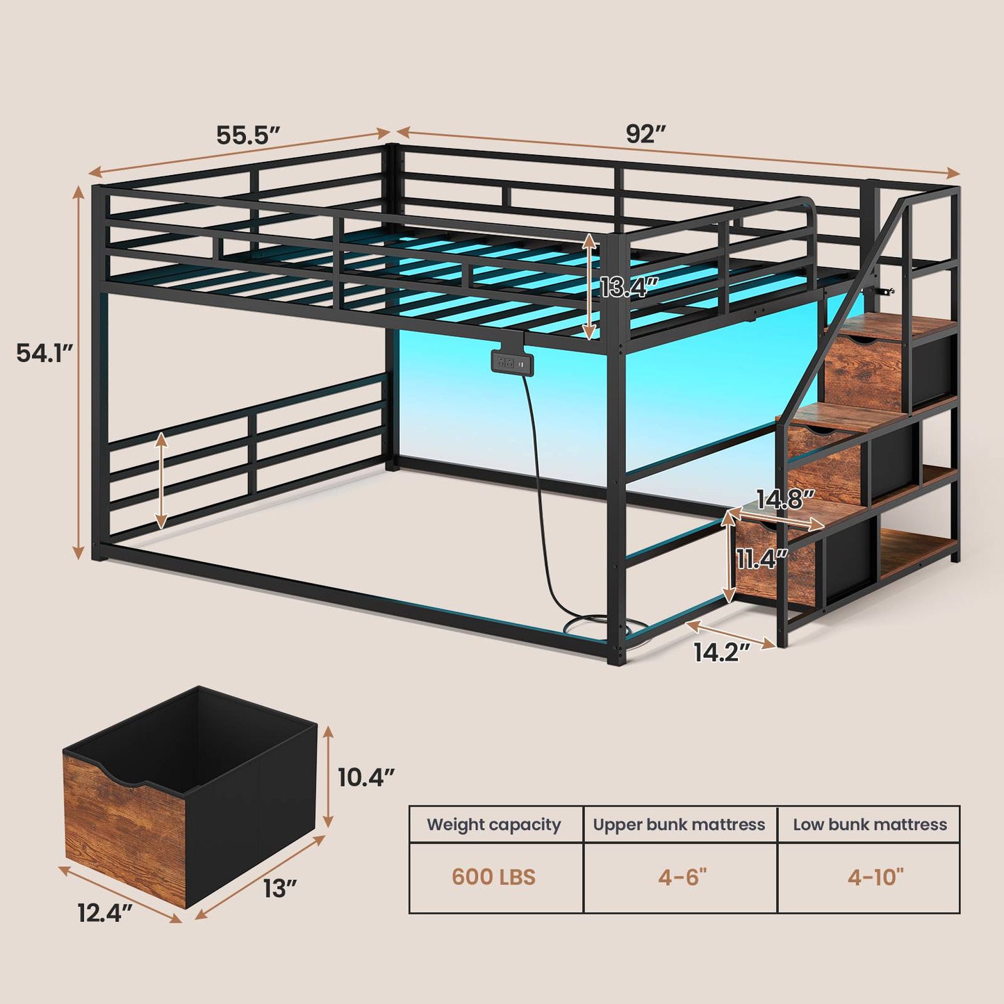 ADORNEVE Bunk Bed Full Over Full with Stairs and 3 Storage Drawers Power Outlet Metal Floor Bunk with RGB Lights and Shelves