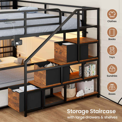 ADORNEVE Bunk Bed Full Over Full with Stairs and 3 Storage Drawers Power Outlet Metal Floor Bunk with RGB Lights and Shelves