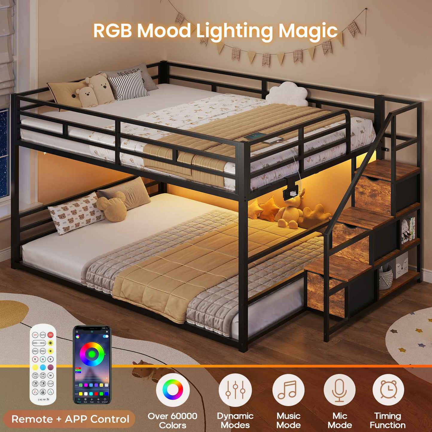 ADORNEVE Bunk Bed Full Over Full with Stairs and 3 Storage Drawers Power Outlet Metal Floor Bunk with RGB Lights and Shelves