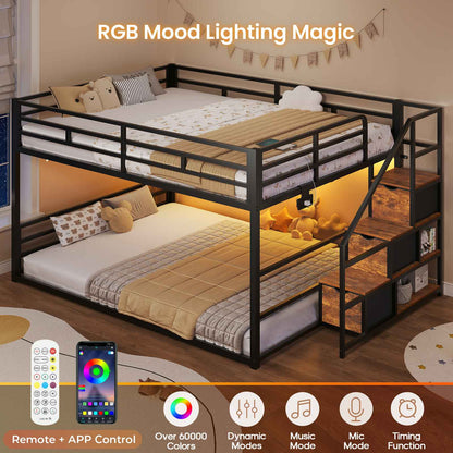 ADORNEVE Bunk Bed Full Over Full with Stairs and 3 Storage Drawers Power Outlet Metal Floor Bunk with RGB Lights and Shelves