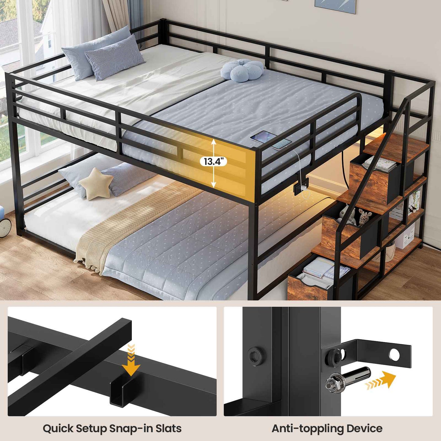 ADORNEVE Bunk Bed Full Over Full with Stairs and 3 Storage Drawers Power Outlet Metal Floor Bunk with RGB Lights and Shelves