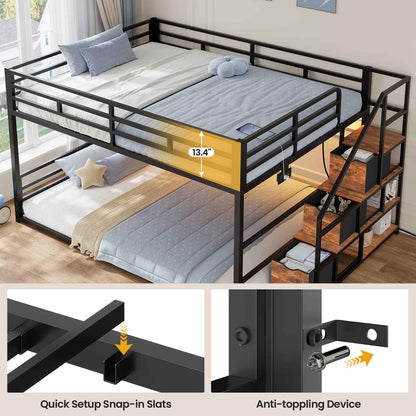 ADORNEVE Bunk Bed Full Over Full with Stairs and 3 Storage Drawers Power Outlet Metal Floor Bunk with RGB Lights and Shelves