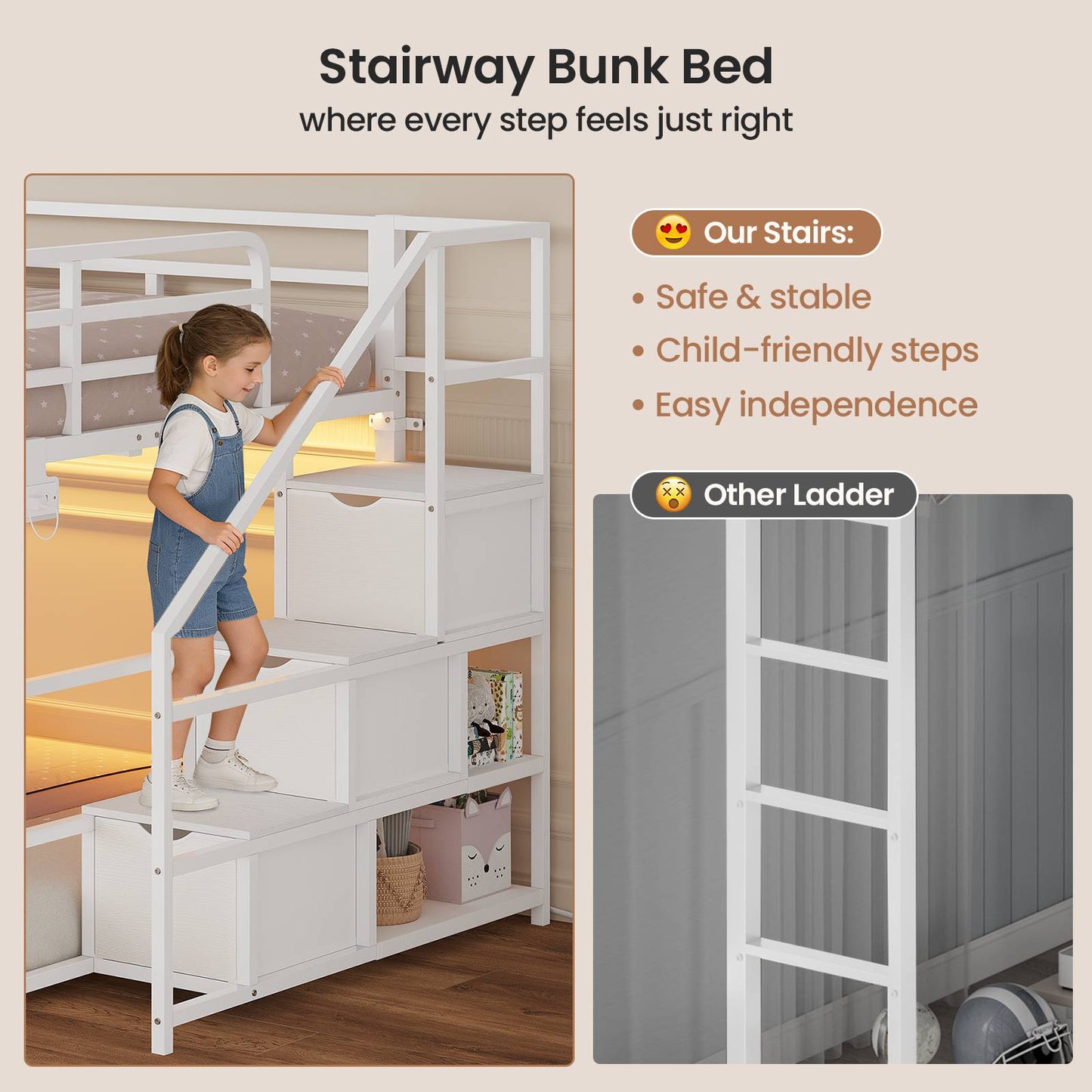ADORNEVE Bunk Bed Full Over Full with Stairs and 3 Storage Drawers Power Outlet Metal Floor Bunk with RGB Lights and Shelves