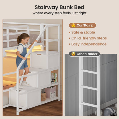 ADORNEVE Bunk Bed Full Over Full with Stairs and 3 Storage Drawers Power Outlet Metal Floor Bunk with RGB Lights and Shelves