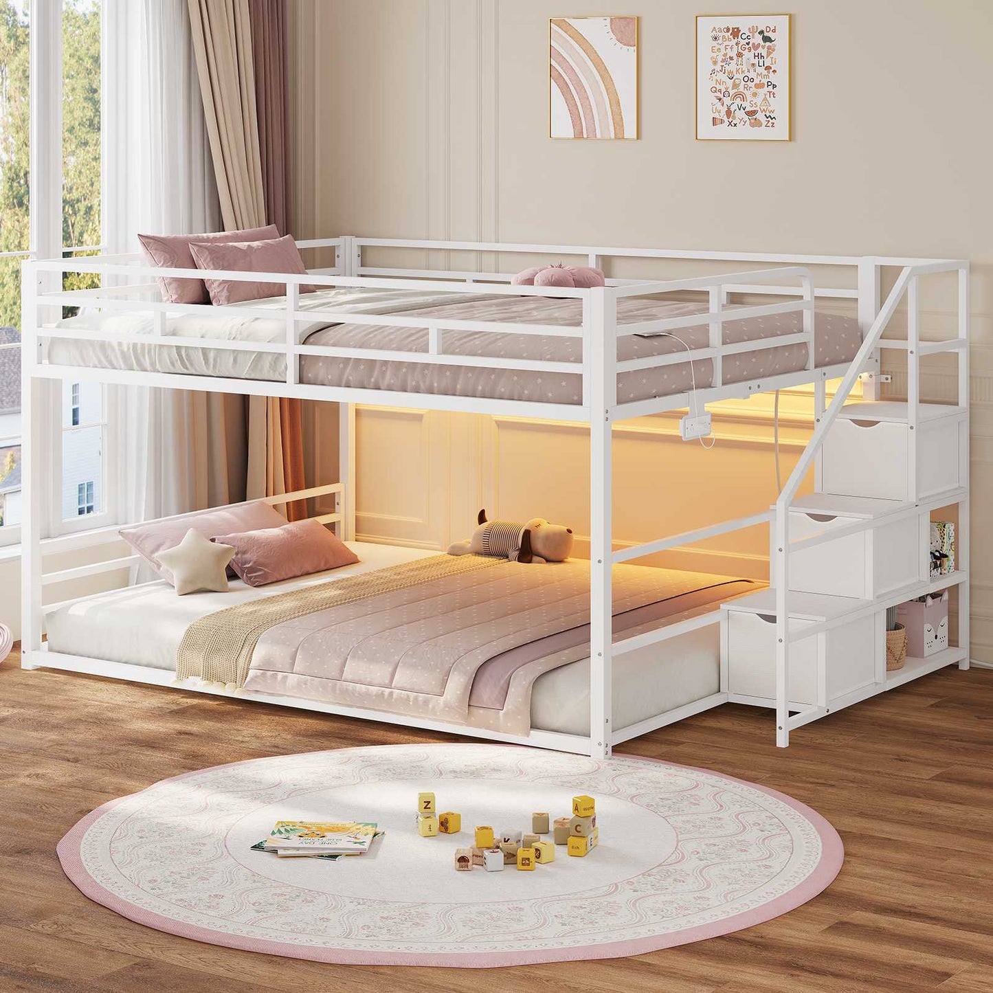 ADORNEVE Bunk Bed Full Over Full with Stairs and 3 Storage Drawers Power Outlet Metal Floor Bunk with RGB Lights and Shelves