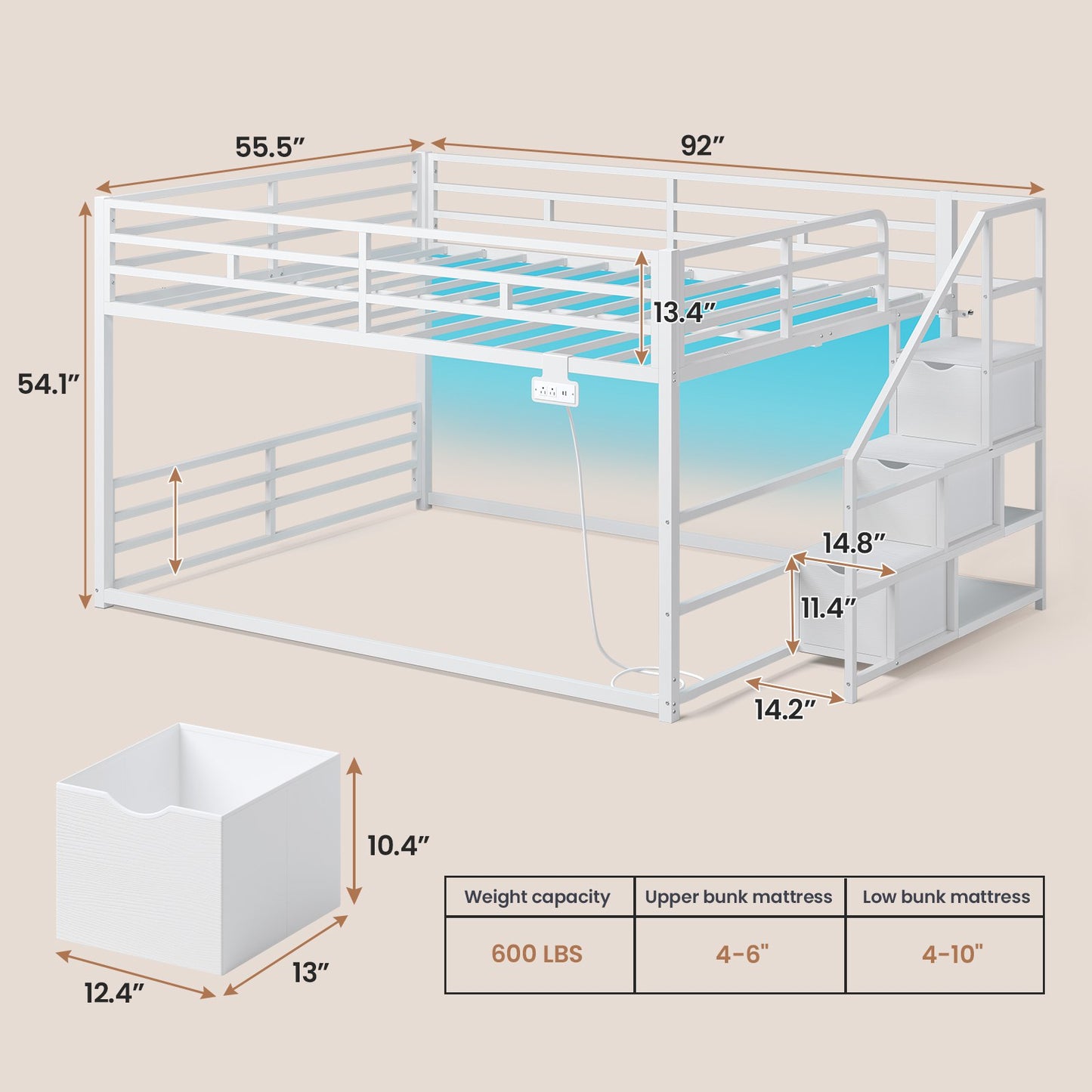 ADORNEVE Bunk Bed Full Over Full with Stairs and 3 Storage Drawers Power Outlet Metal Floor Bunk with RGB Lights and Shelves