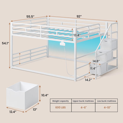 ADORNEVE Bunk Bed Full Over Full with Stairs and 3 Storage Drawers Power Outlet Metal Floor Bunk with RGB Lights and Shelves