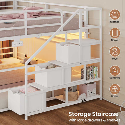 ADORNEVE Bunk Bed Full Over Full with Stairs and 3 Storage Drawers Power Outlet Metal Floor Bunk with RGB Lights and Shelves