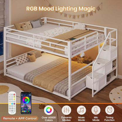 ADORNEVE Bunk Bed Full Over Full with Stairs and 3 Storage Drawers Power Outlet Metal Floor Bunk with RGB Lights and Shelves
