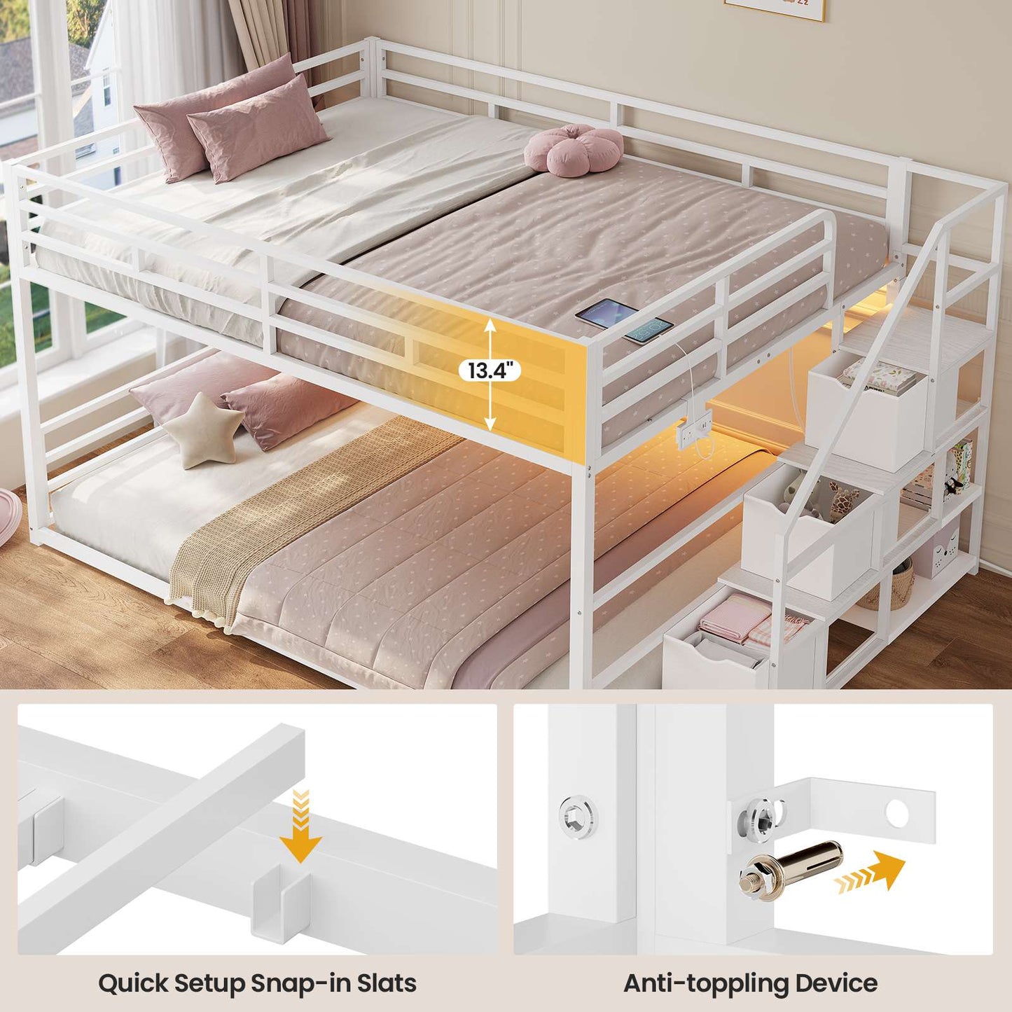 ADORNEVE Bunk Bed Full Over Full with Stairs and 3 Storage Drawers Power Outlet Metal Floor Bunk with RGB Lights and Shelves