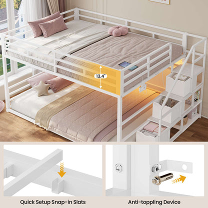 ADORNEVE Bunk Bed Full Over Full with Stairs and 3 Storage Drawers Power Outlet Metal Floor Bunk with RGB Lights and Shelves