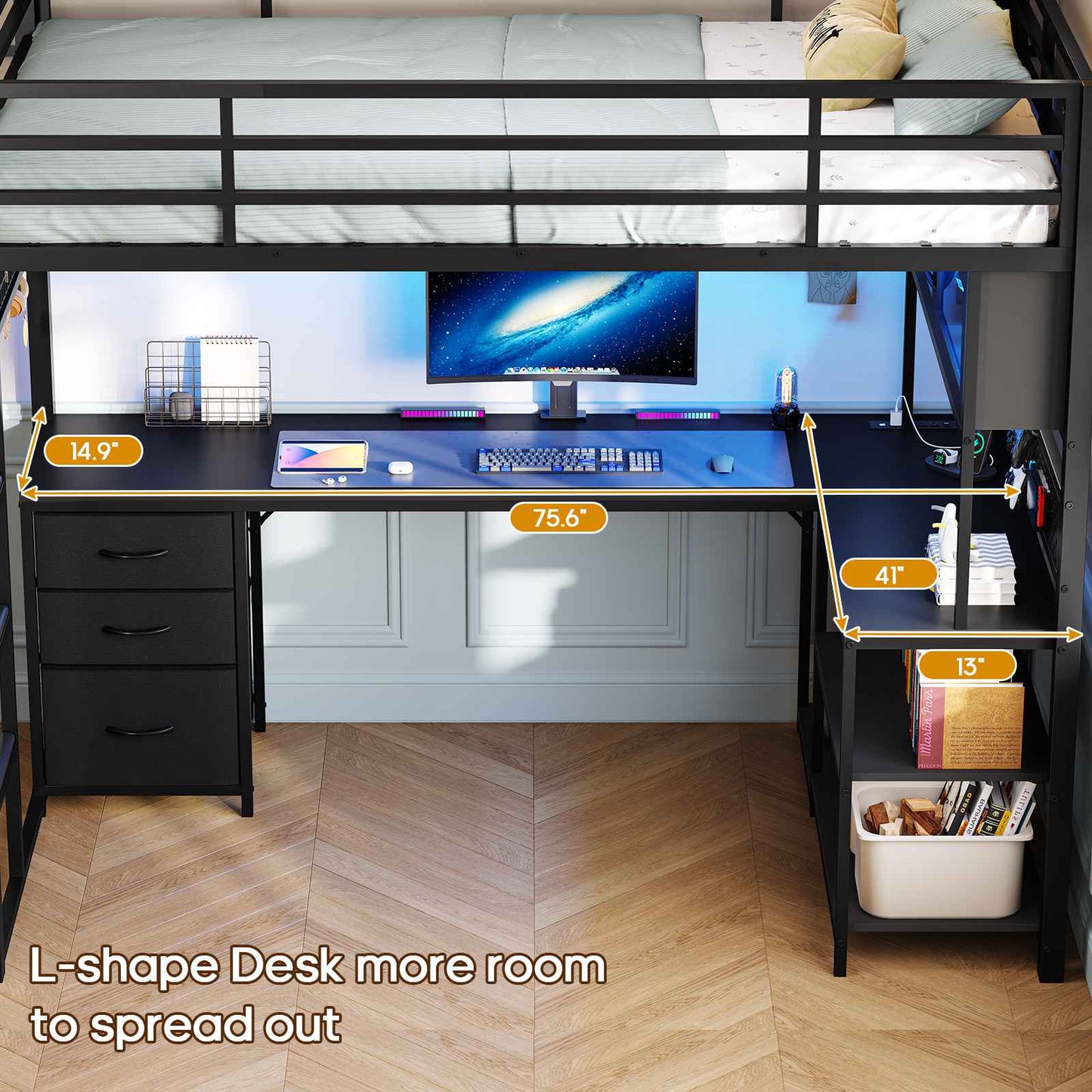 ADORNEVE Gaming Loft Bed Twin Size with L-Shaped Desk and Storage Drawers Arcylic Hutch Metal LED Loft Bed Frame with Wide Ladder and Safety Power Outlet